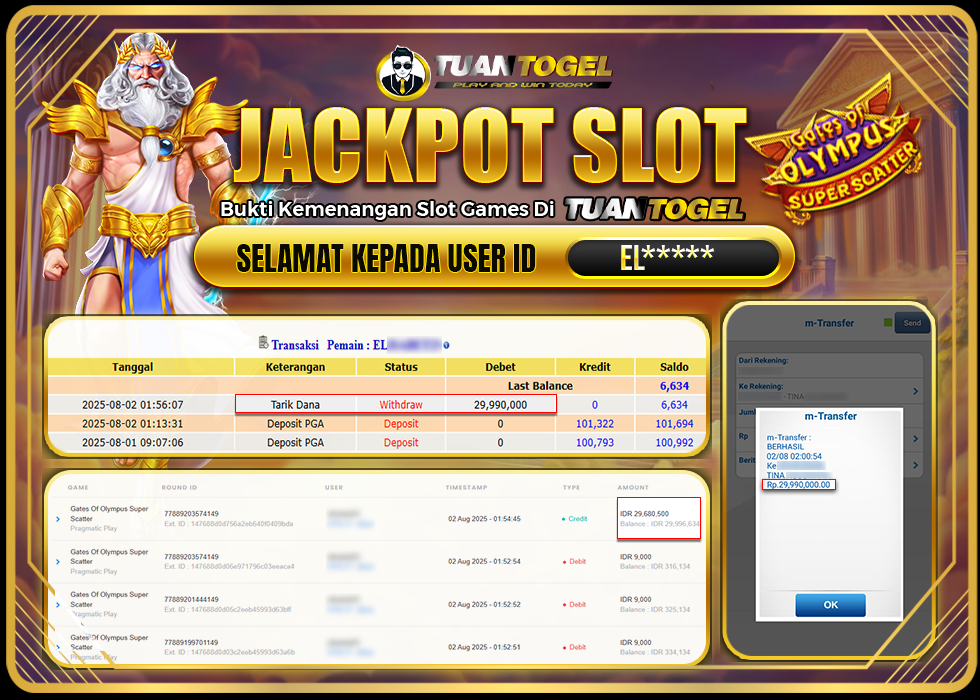 TUANTOGEL JACKPOT SLOT GATES OF OLYMPUS SUPER SCATTER Rp29.990.000 